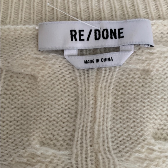 Re/Done Women’s Lattice Cable V-Neck Sweater Cream 100% Cashmere Minimalist L - Picture 2 of 7